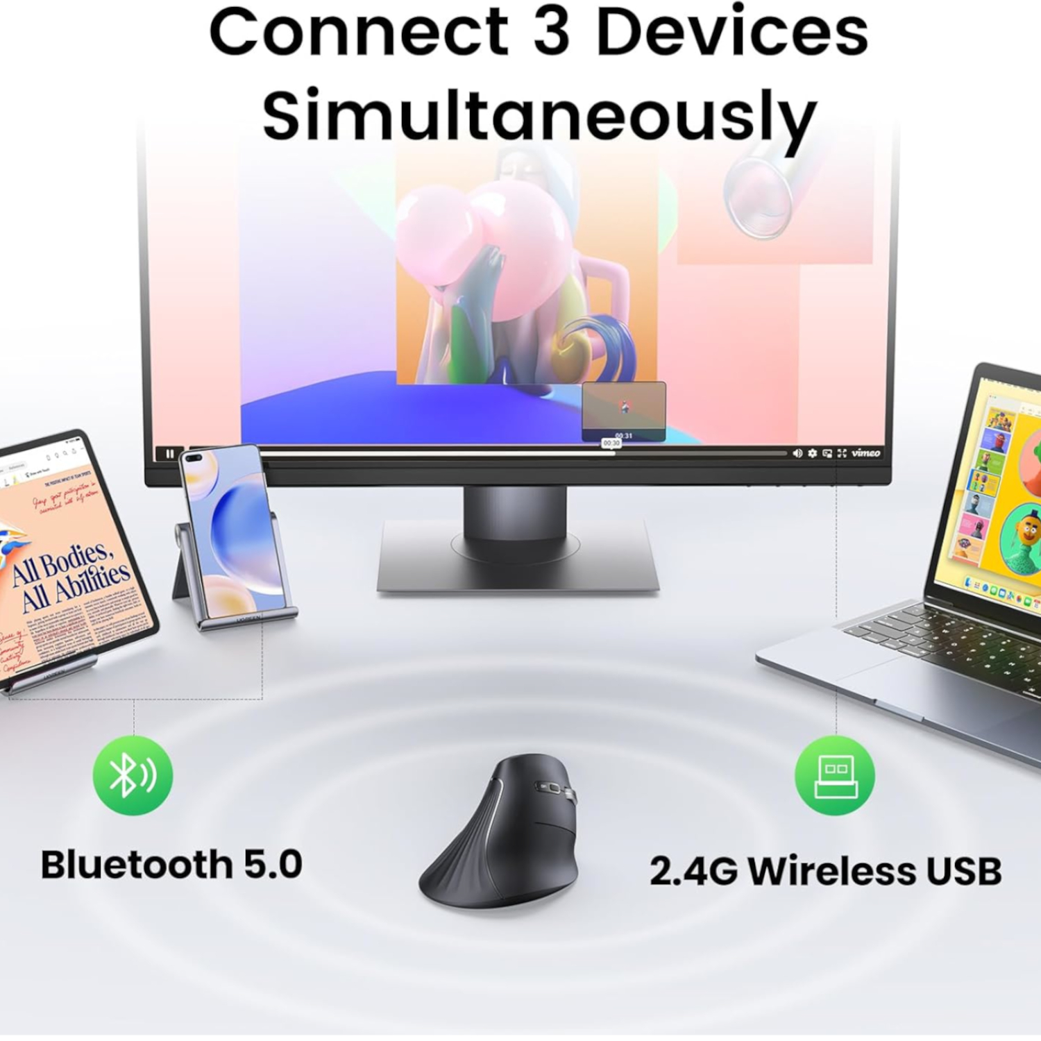 UGreen Multi-Mode Vertical Mouse Bluetooth and 2.4G Wireless - Image 5